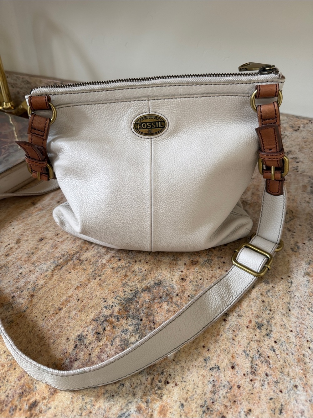 Fossil Cream Pebbled Leather Crossbody with Brown Trim